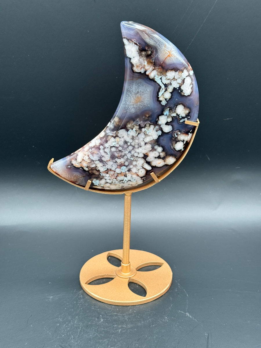 Blue Flower Agate Moon Carving on Stand