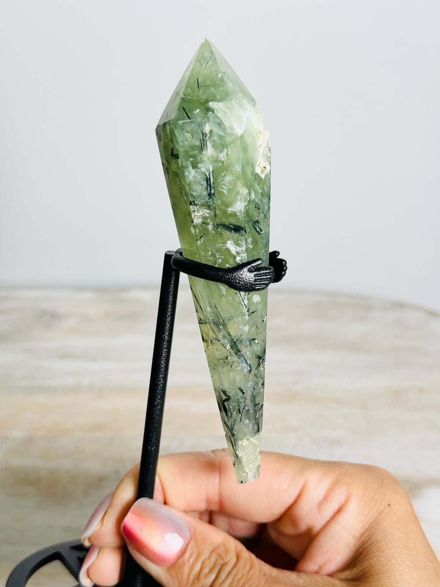 Prehnite Wand Carving on Black Stand