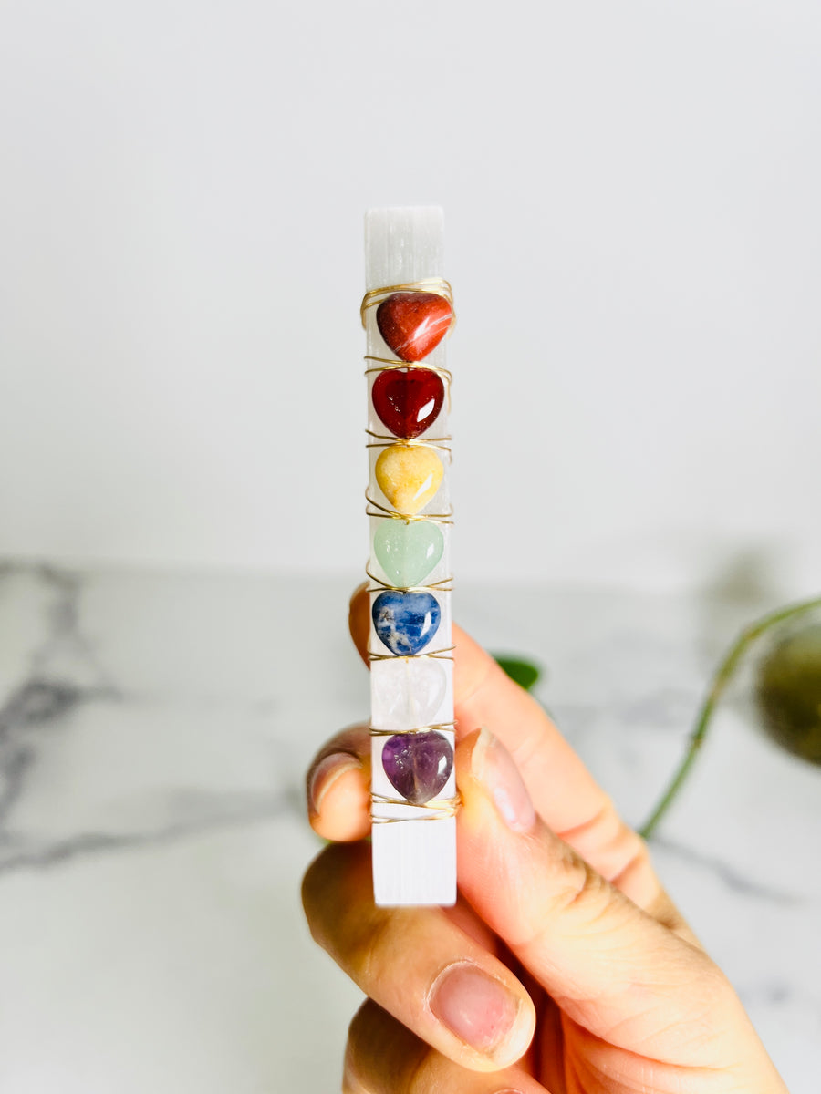 Selenite Stick with Chakra Hearts Carving