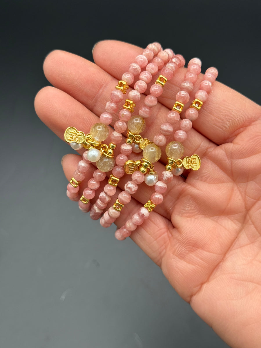 Rhodochrosite & Gold Rutile Lucky Bracelet