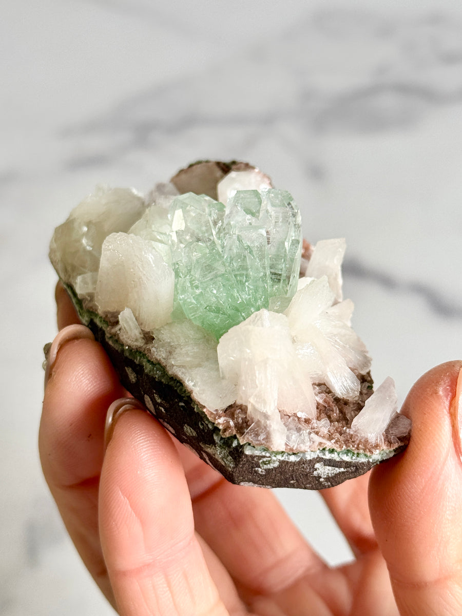 Green Apophyllite Flower with Stilbite