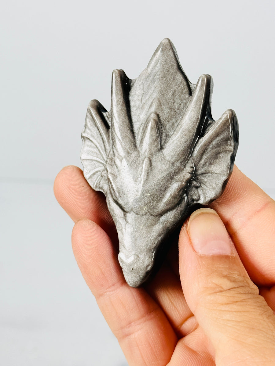 Moonstone or Silver Obsidian Dragon Head Carving