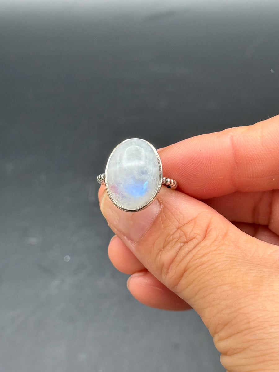 Blue Flash Moonstone Oval 925 Sterling Silver Adjustable Ring