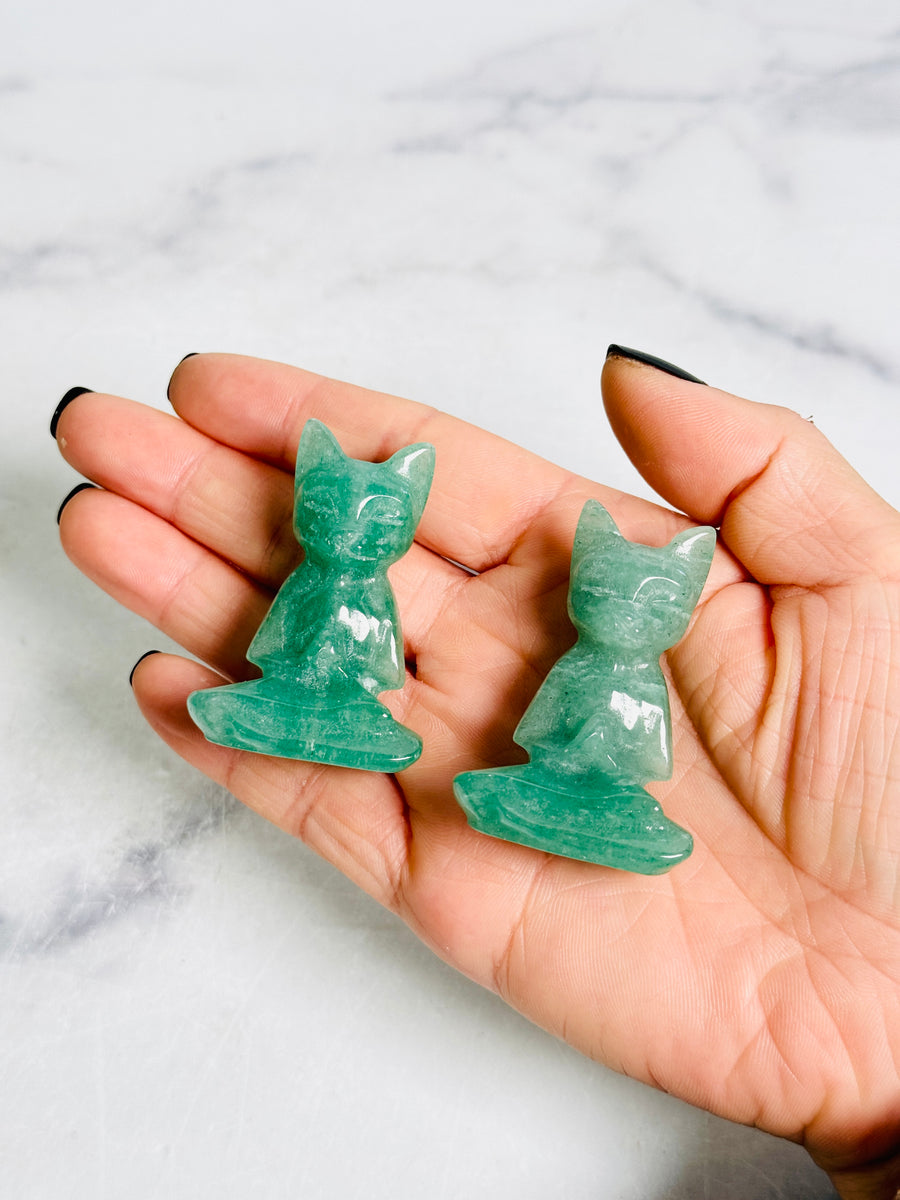 Green Aventurine Meditating Cat Carving