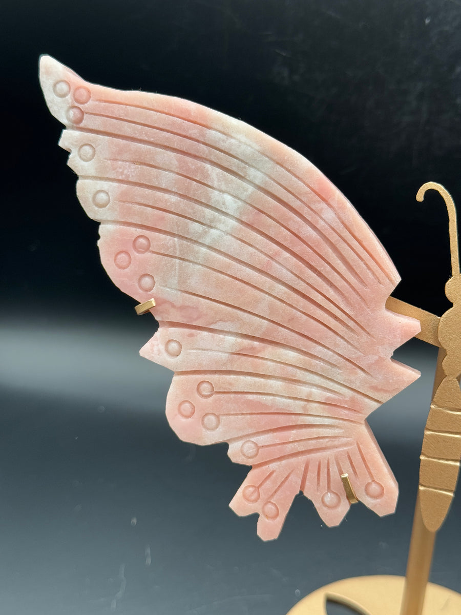 Pink Opal Butterfly Wings Carving on Custom Stand