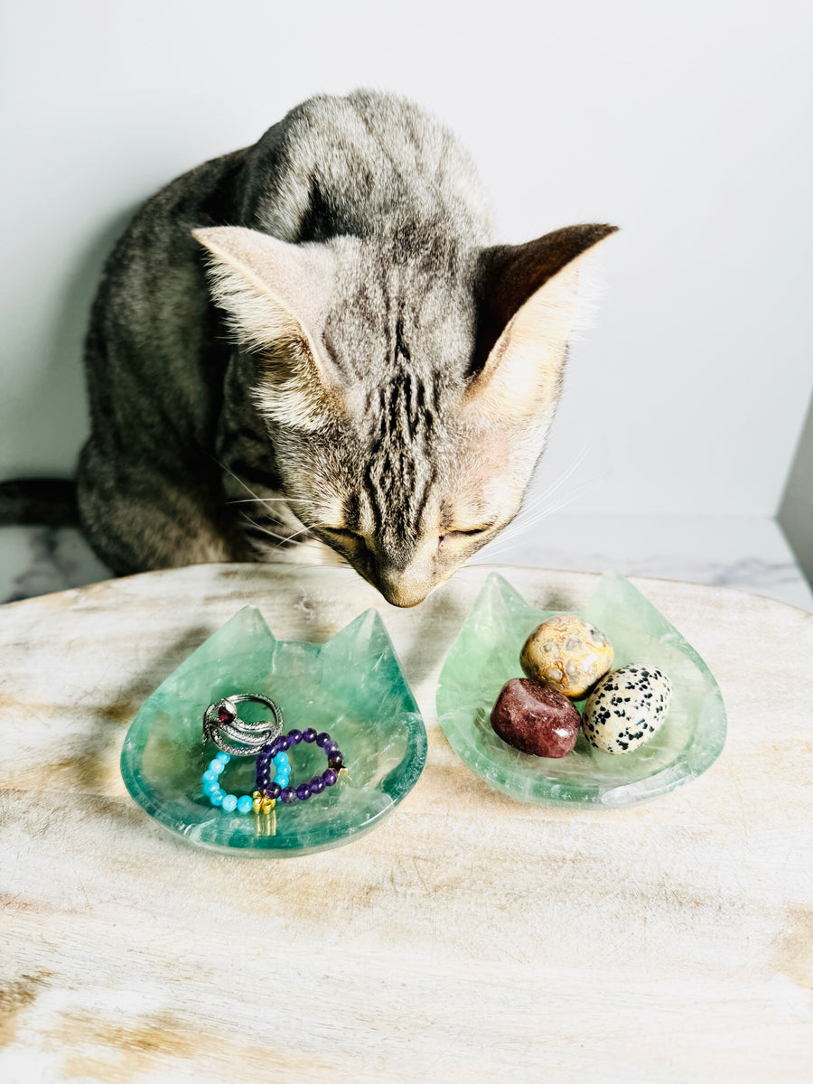 Green Fluorite Cat Bowl Carving