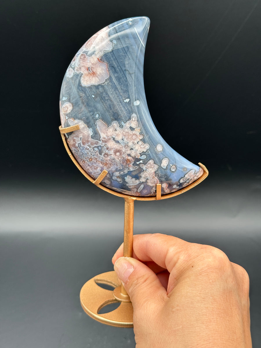 Blue Flower Agate Moon Carving on Stand