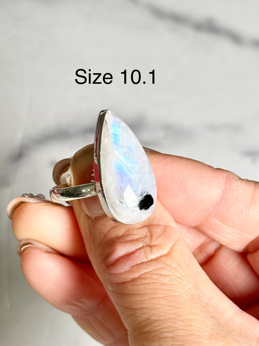 Rainbow Moonstone Teardrop 925 Sterling Silver Ring