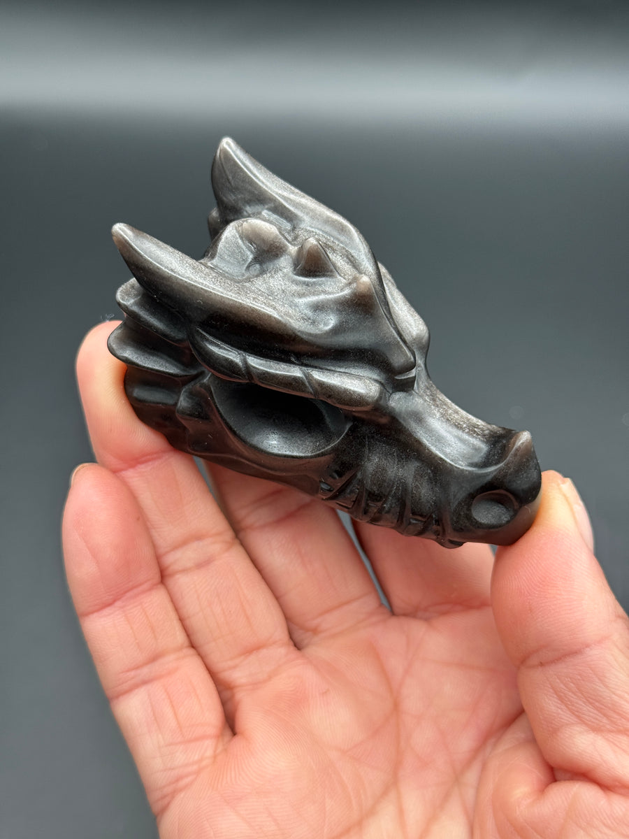 Silver Obsidian Dragon Head Carving