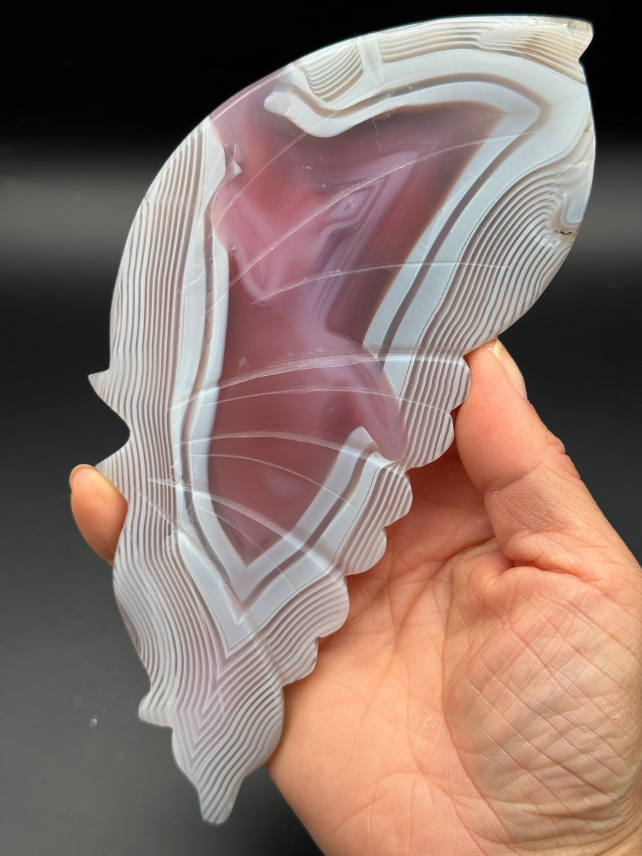 Pink Jelly Agate Butterfly Wing Carving on Custom Stand