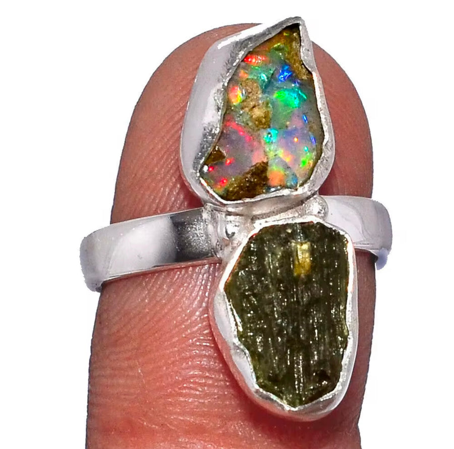 Opal and Moldavite 925 Sterling Silver Adjustable Ring