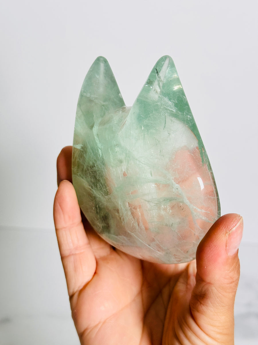 Green Fluorite Cat Bowl Carving