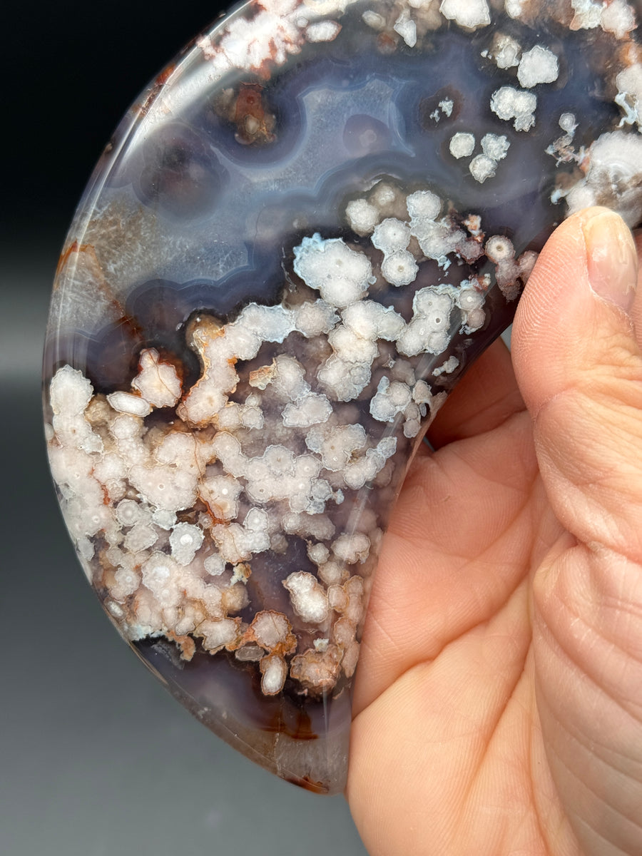 Blue Flower Agate Moon Carving on Stand