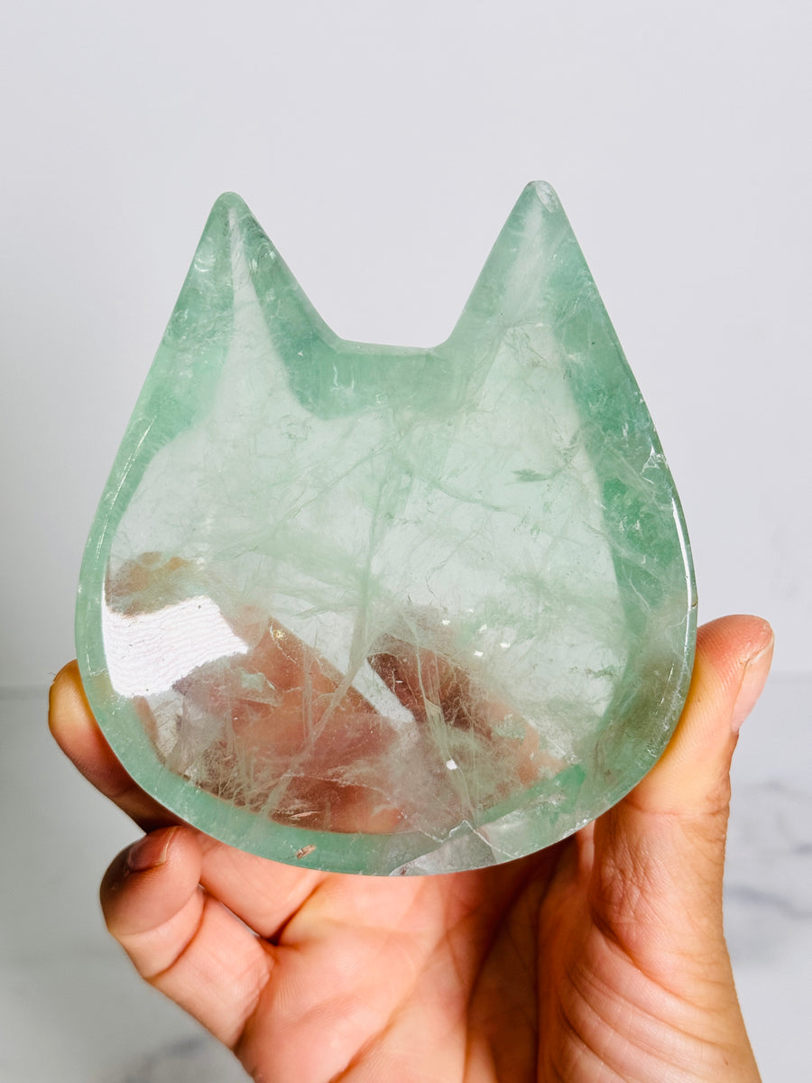 Green Fluorite Cat Bowl Carving