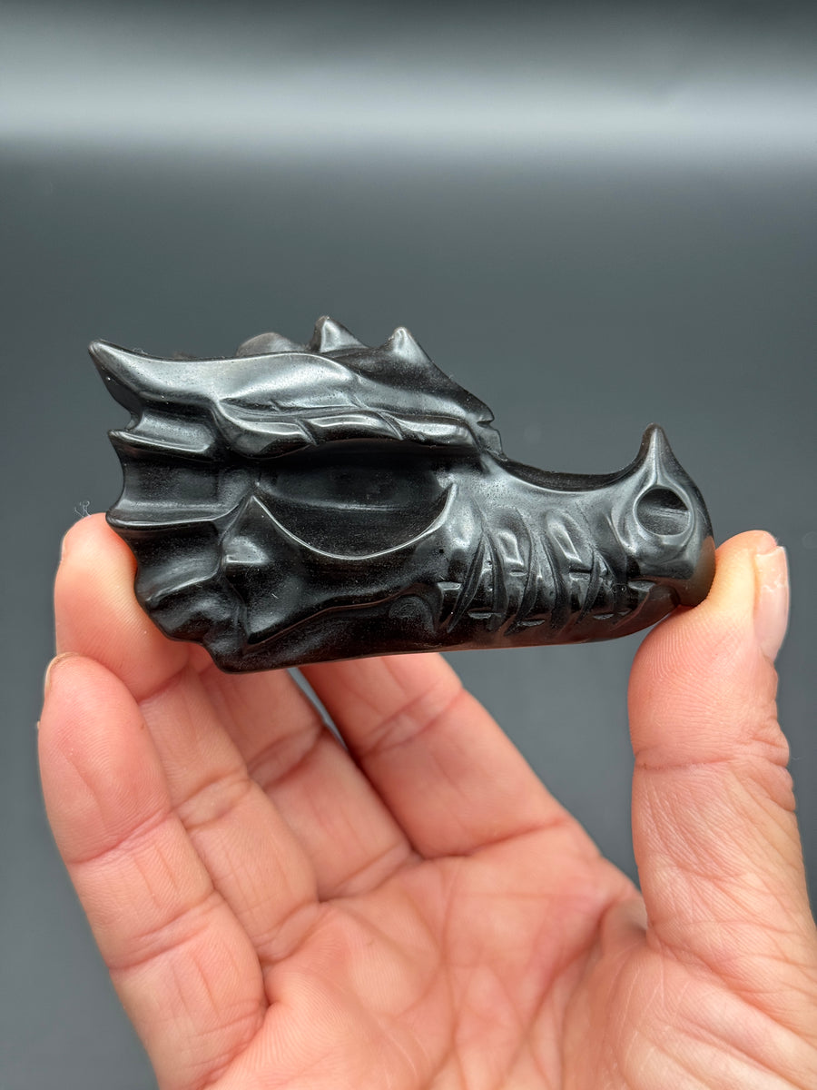 Silver Obsidian Dragon Head Carving