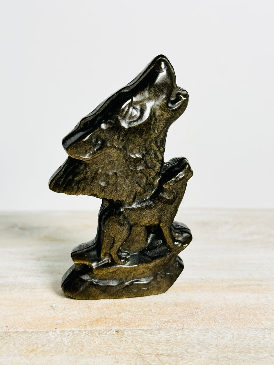 Gold Obsidian Wolf Carving