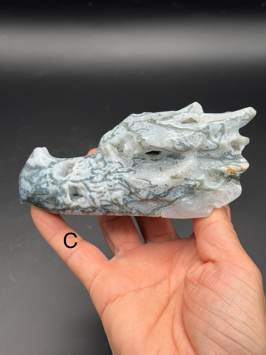 Moss Agate Dragon Head Carving