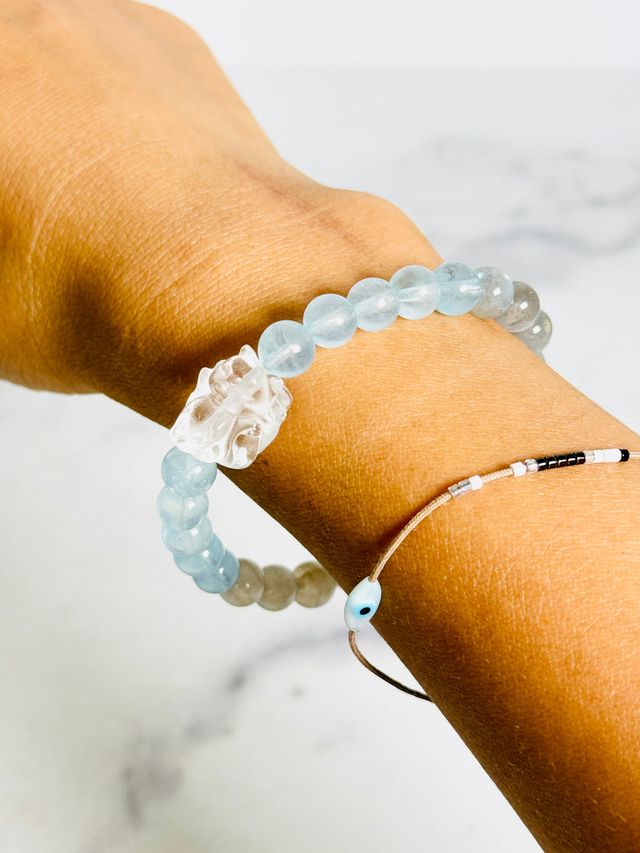 Clear Quartz 9 Tail Fox with Aquamarine & Labradorite Bracelet