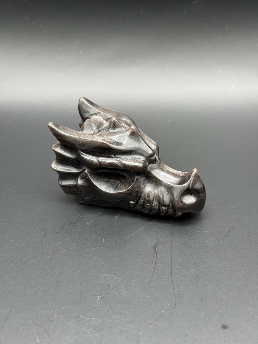 Silver Obsidian Dragon Head Carving