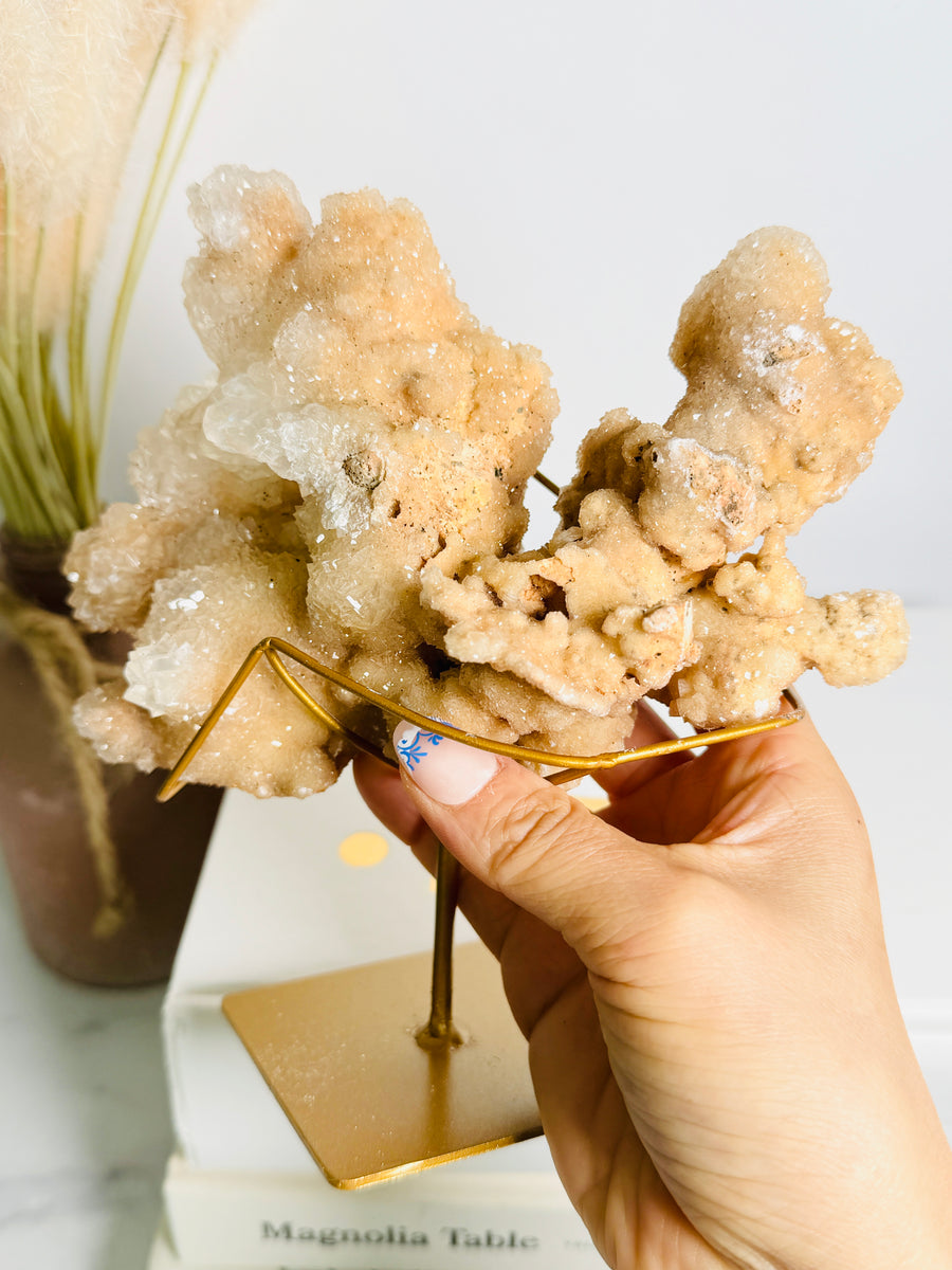 Pink Calcite on Gold Stand from Indonesia