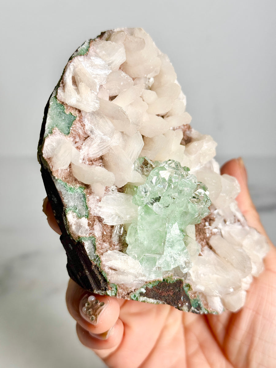 Green Apophyllite Flower with Stilbite