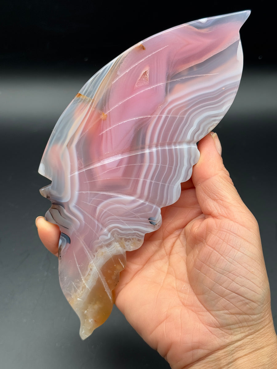 Pink Jelly Agate Butterfly Wing Carving on Custom Stand