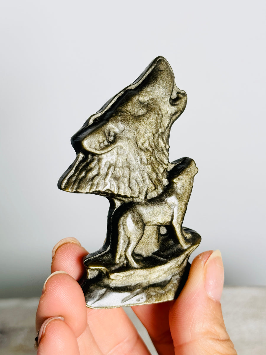 Gold Obsidian Wolf Carving