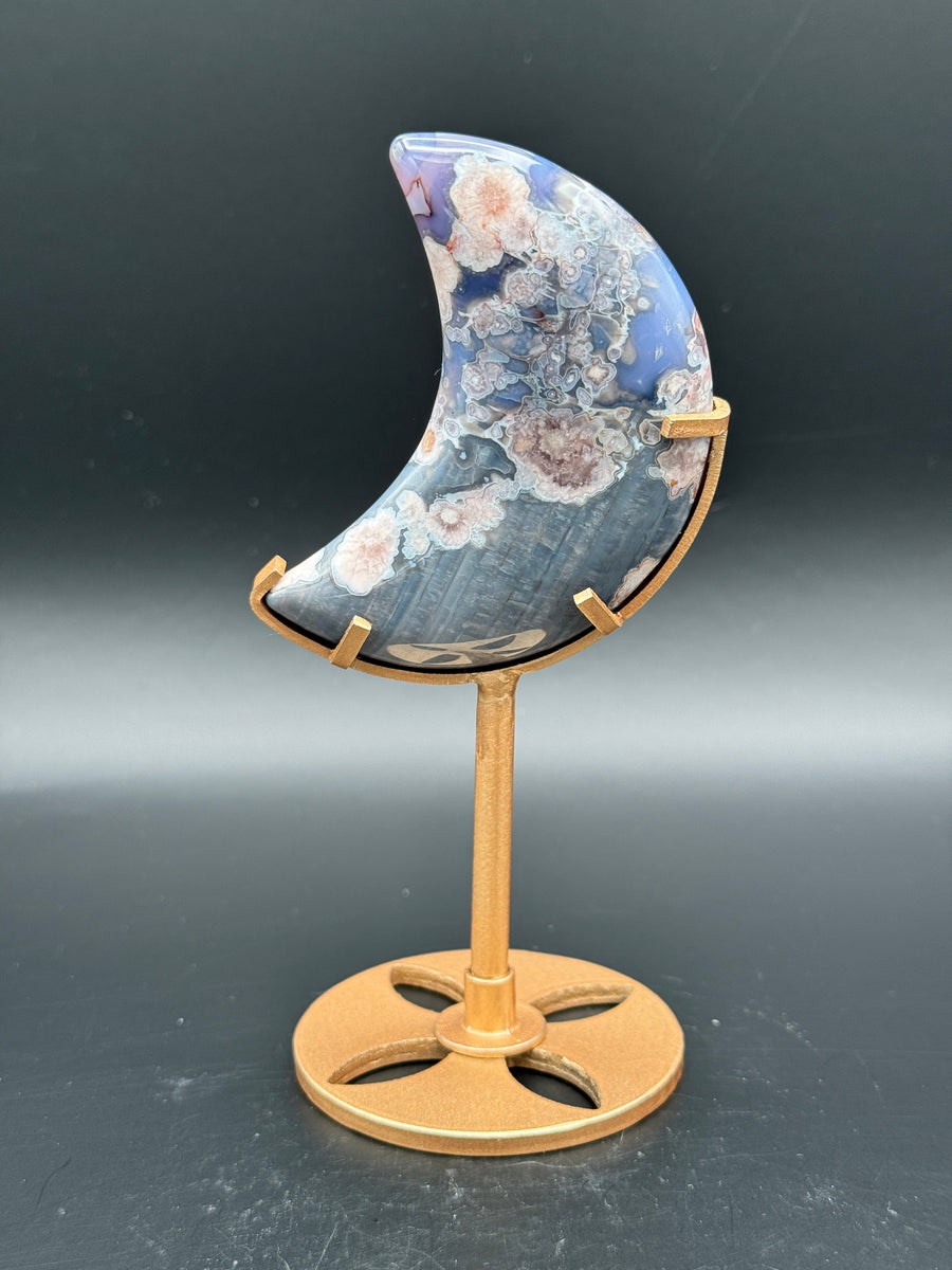 Blue Flower Agate Moon Carving on Stand