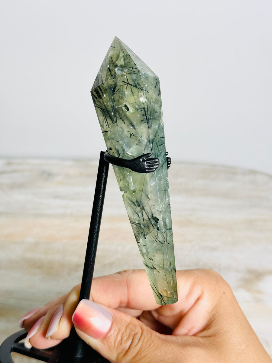 Prehnite Wand Carving on Black Stand