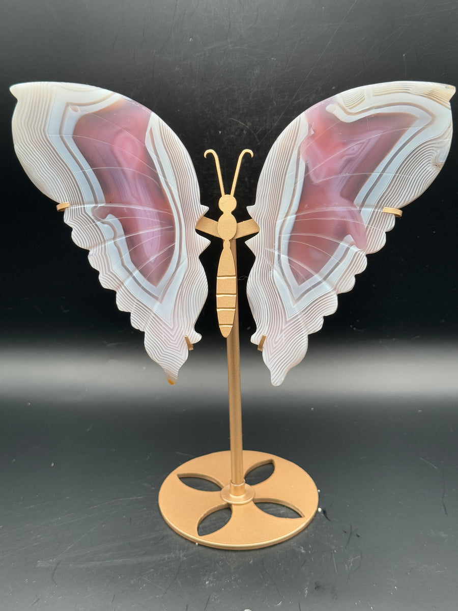 Pink Jelly Agate Butterfly Wing Carving on Custom Stand