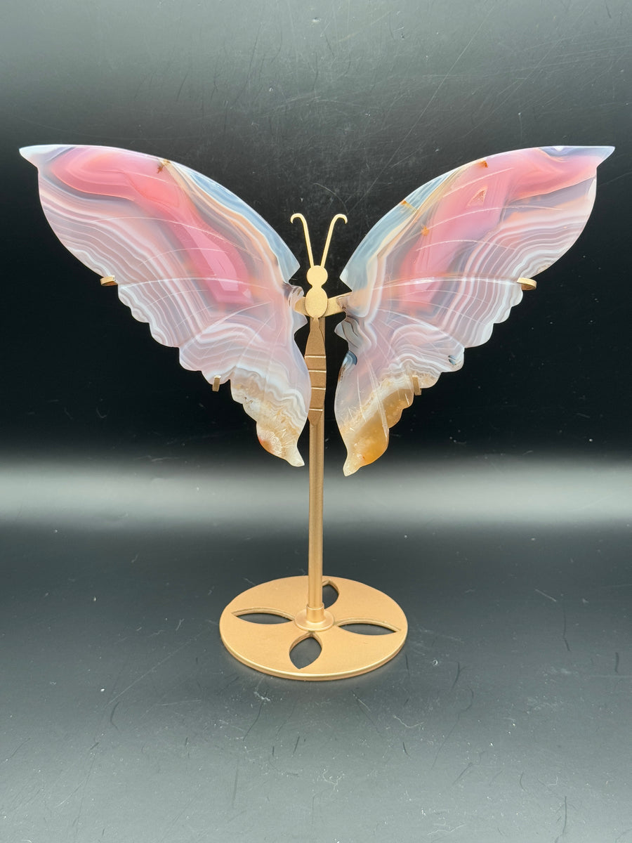 Pink Jelly Agate Butterfly Wing Carving on Custom Stand