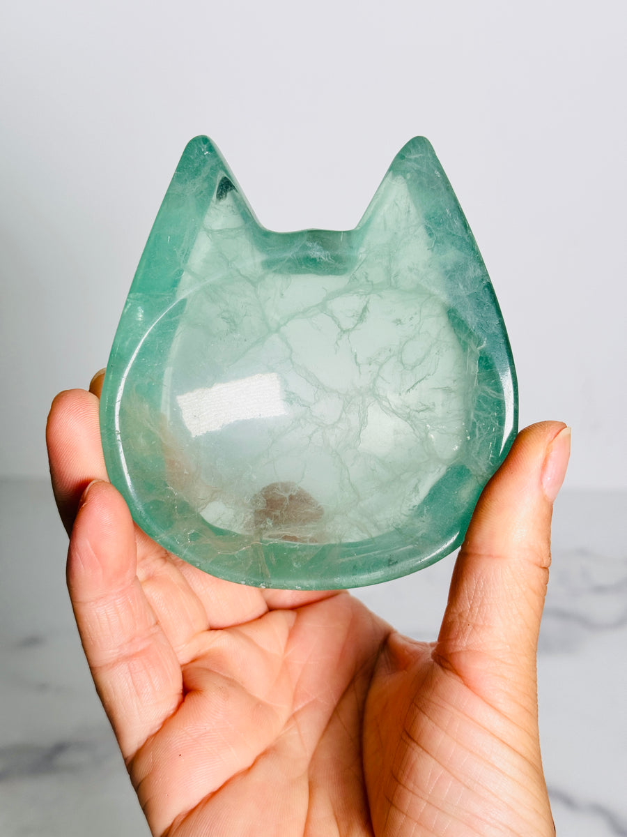 Green Fluorite Cat Bowl Carving