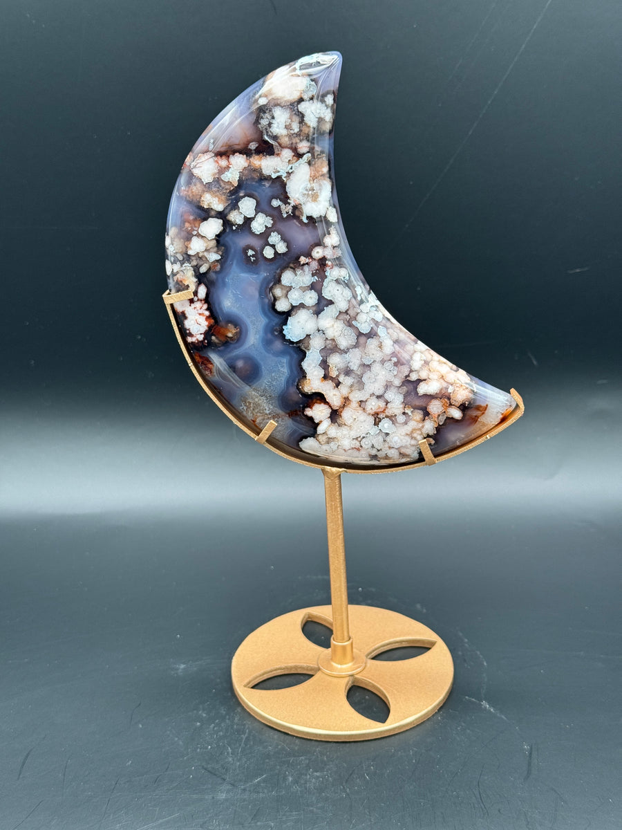 Blue Flower Agate Moon Carving on Stand