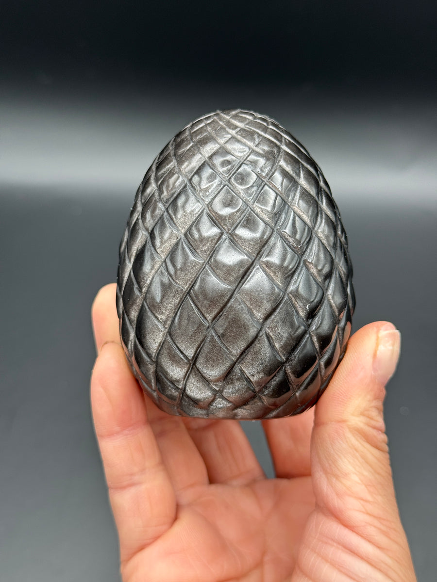 IMPERFECT - Silver Obsidian Dragon Egg Carving