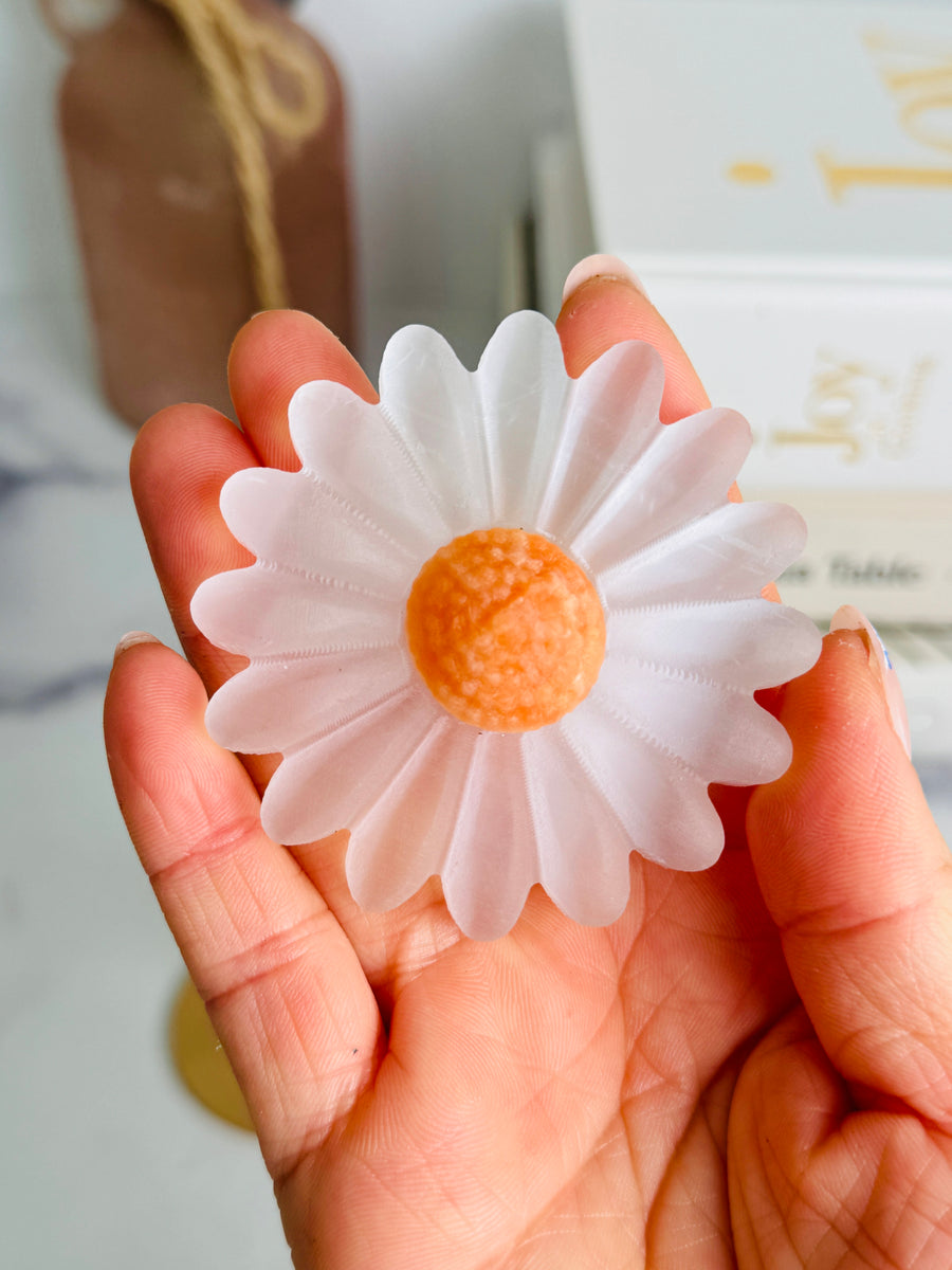 Satin Spar Daisy Carving on Gold Stand