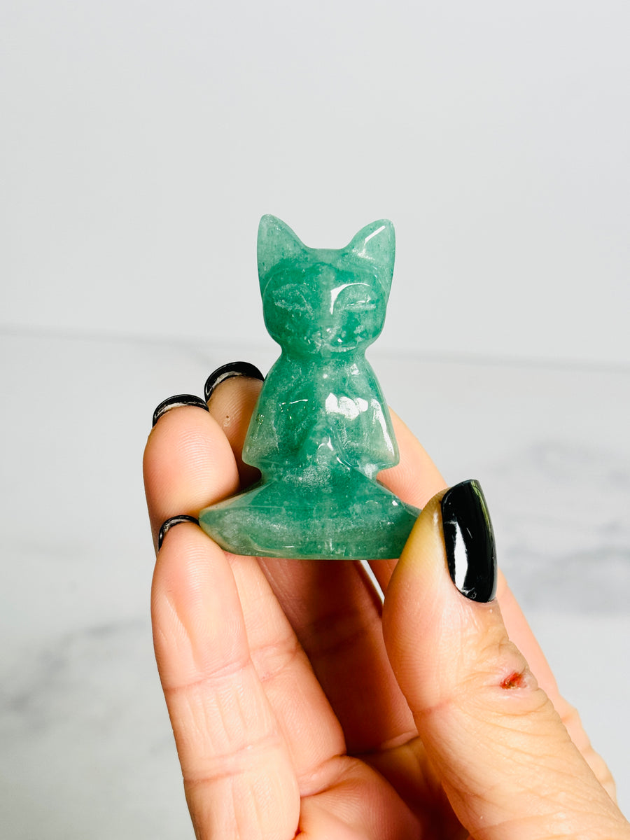 Green Aventurine Meditating Cat Carving