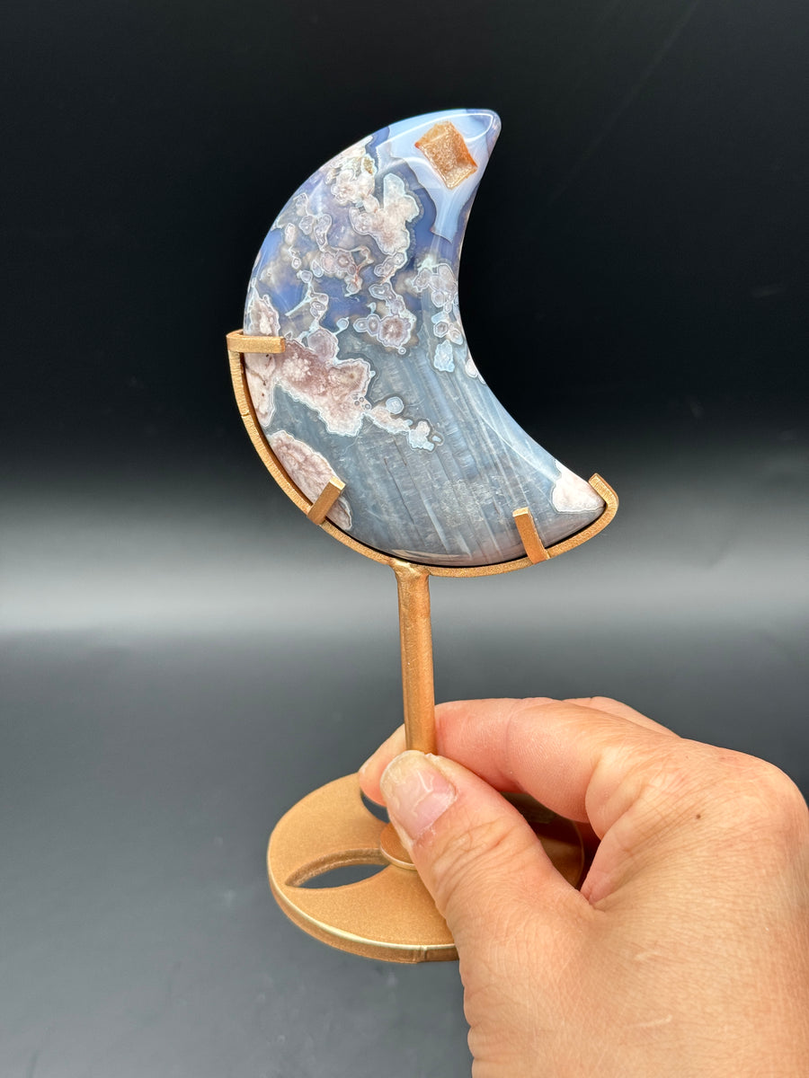 Blue Flower Agate Moon Carving on Stand