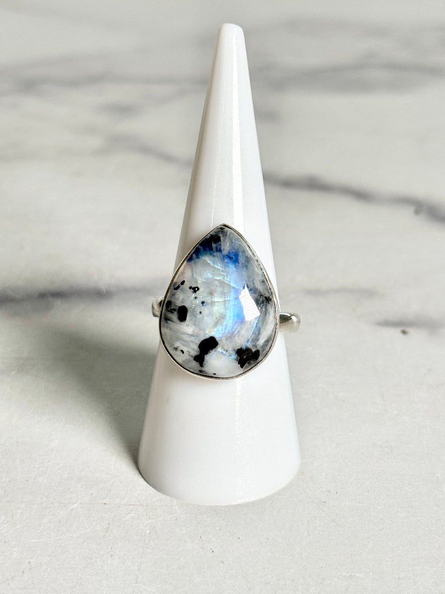 Rainbow Moonstone Teardrop 925 Sterling Silver Ring