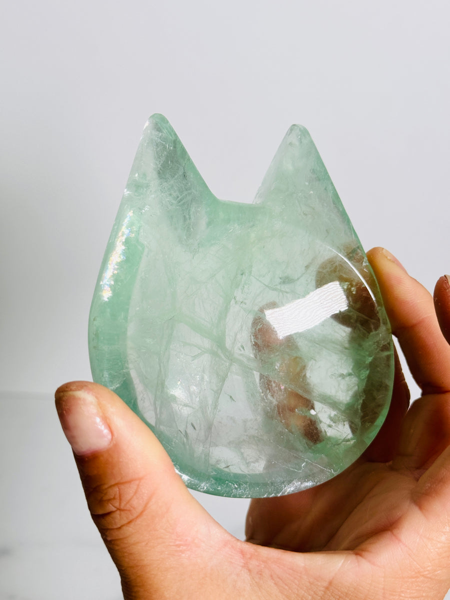 Green Fluorite Cat Bowl Carving