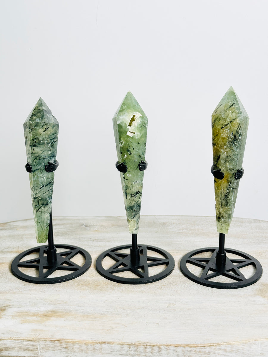 Prehnite Wand Carving on Black Stand