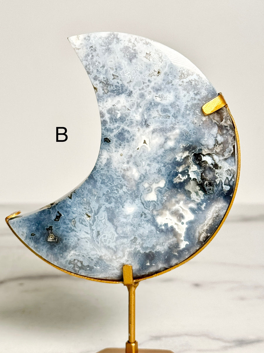 Blue Plume Agate Moon Carving on Stand