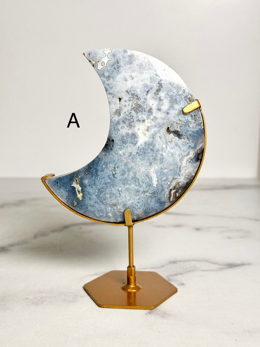 Blue Plume Agate Moon Carving on Stand