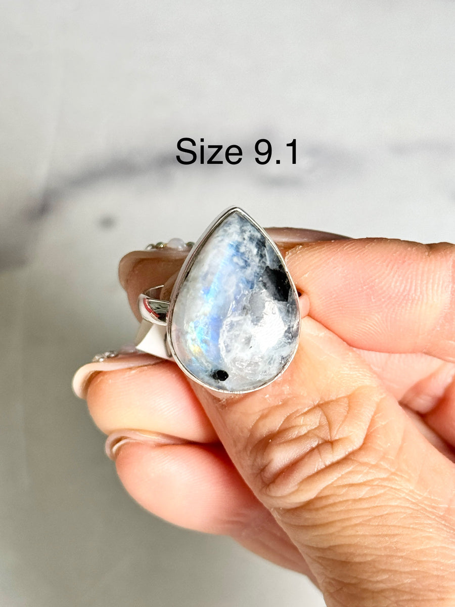 Rainbow Moonstone Teardrop 925 Sterling Silver Ring