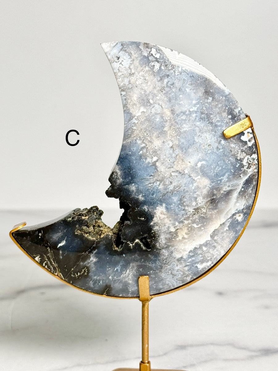 Blue Plume Agate Moon Carving on Stand