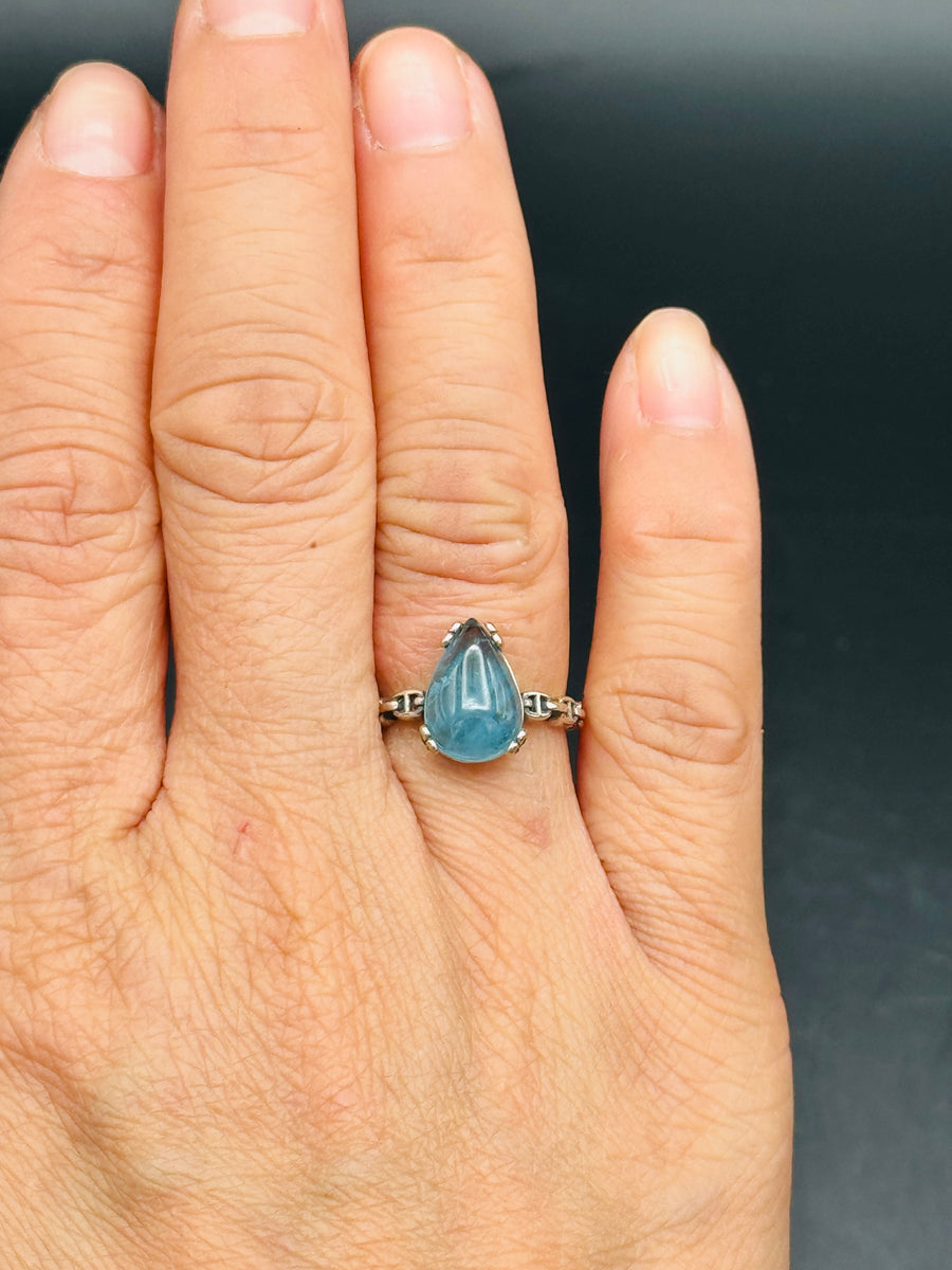 Aquamarine Teardrop 925 Sterling Silver Adjustable Ring