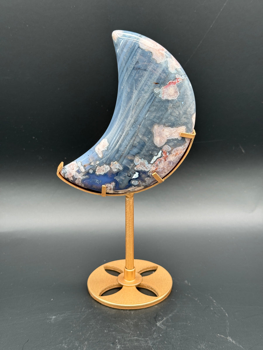 Blue Flower Agate Moon Carving on Stand