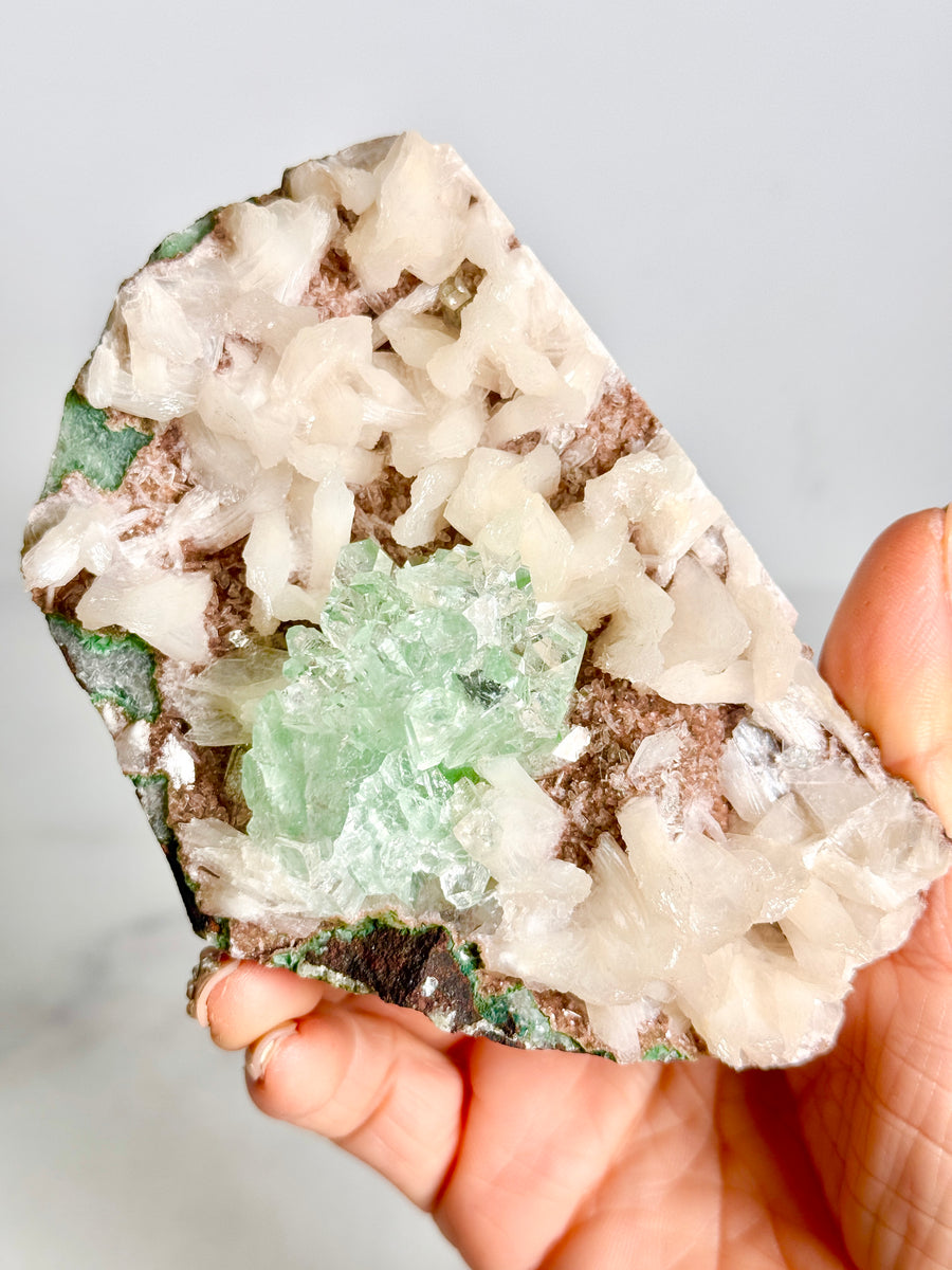 Green Apophyllite Flower with Stilbite