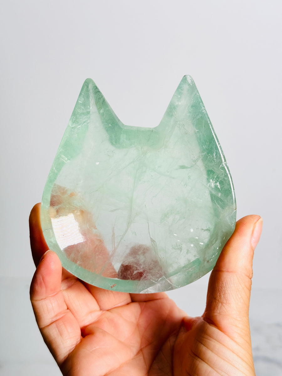 Green Fluorite Cat Bowl Carving