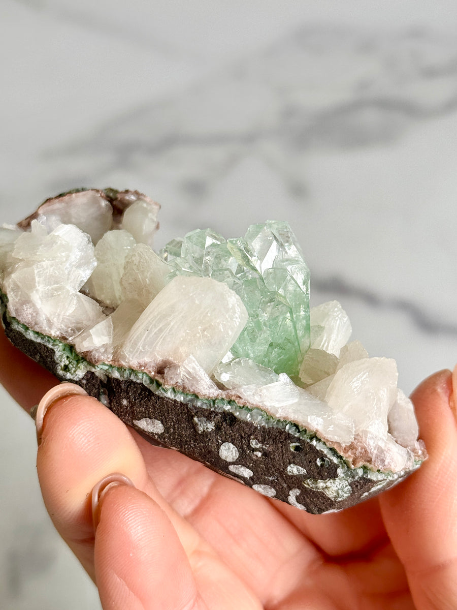 Green Apophyllite Flower with Stilbite