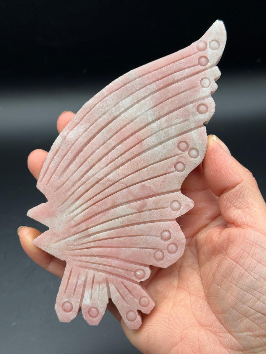 Pink Opal Butterfly Wings Carving on Custom Stand